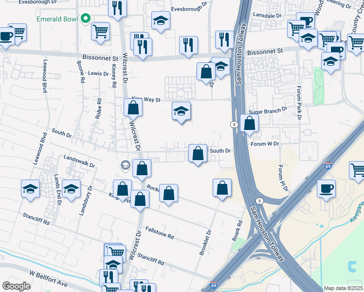 map of restaurants, bars, coffee shops, grocery stores, and more near 10 South Drive in Houston