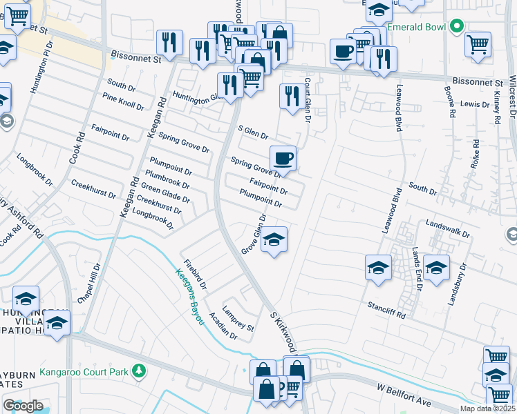 map of restaurants, bars, coffee shops, grocery stores, and more near 11803 Plumbrook Drive in Houston
