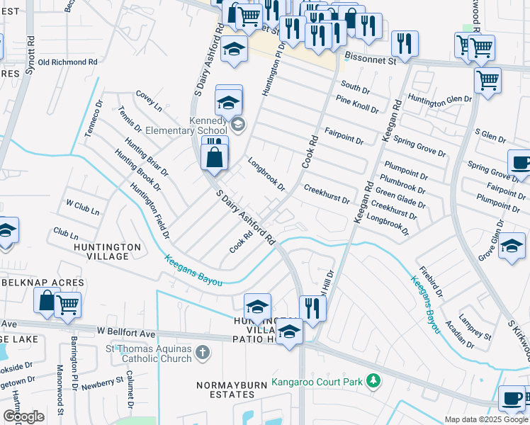 map of restaurants, bars, coffee shops, grocery stores, and more near 12502 Panther Villa Court in Houston