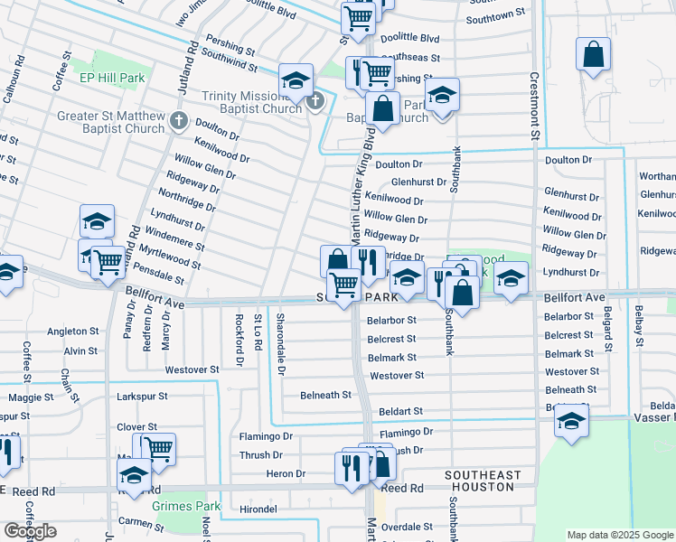 map of restaurants, bars, coffee shops, grocery stores, and more near 5635 Windemere Street in Houston