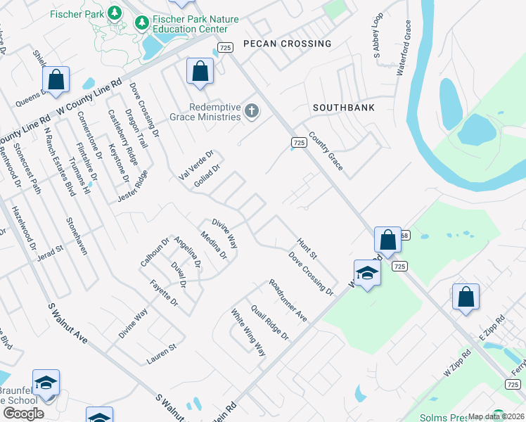 map of restaurants, bars, coffee shops, grocery stores, and more near 223 Hondo Drive in New Braunfels