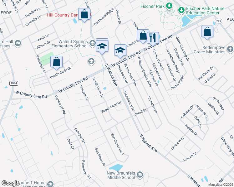 map of restaurants, bars, coffee shops, grocery stores, and more near 1212 Luckenbach Drive in New Braunfels