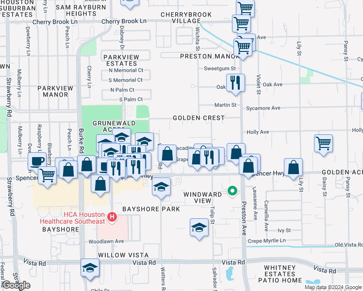 map of restaurants, bars, coffee shops, grocery stores, and more near 2407 Muscadine Lane in Pasadena