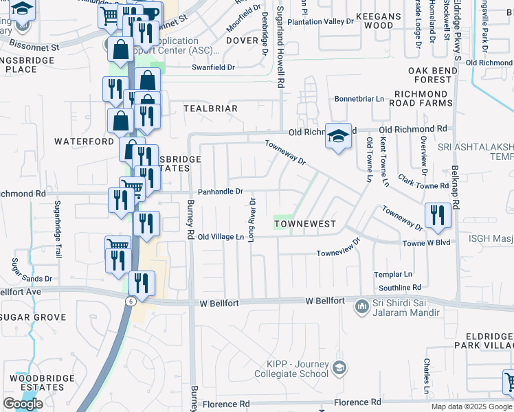 map of restaurants, bars, coffee shops, grocery stores, and more near 10323 Long River Drive in Sugar Land