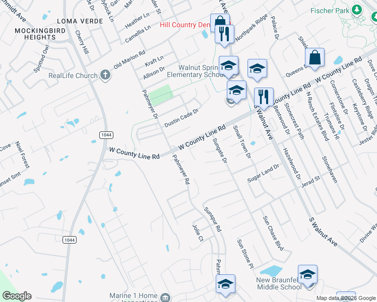 map of restaurants, bars, coffee shops, grocery stores, and more near 2025 Rueben Road in New Braunfels
