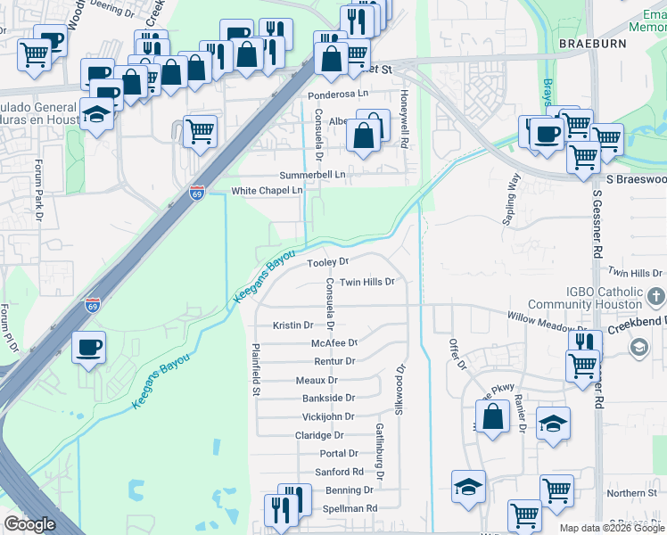 map of restaurants, bars, coffee shops, grocery stores, and more near 9254 Twin Hills Drive in Houston