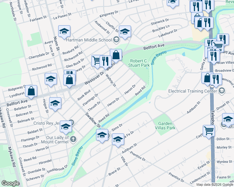 map of restaurants, bars, coffee shops, grocery stores, and more near 7041 Heron Drive in Houston