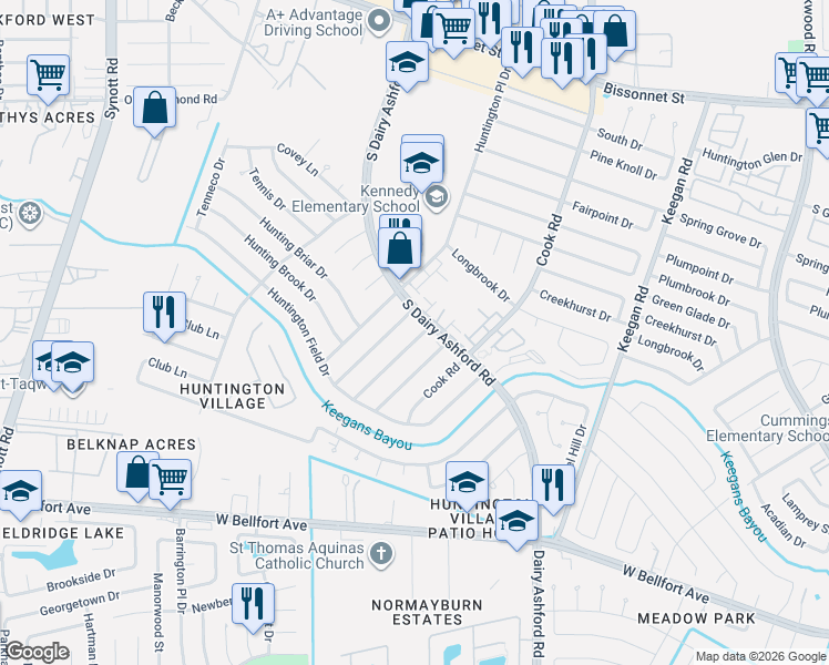 map of restaurants, bars, coffee shops, grocery stores, and more near 10419 Huntington Dale Drive in Houston