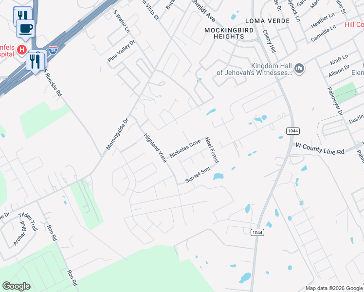 map of restaurants, bars, coffee shops, grocery stores, and more near 2963 Nicholas Cove in New Braunfels