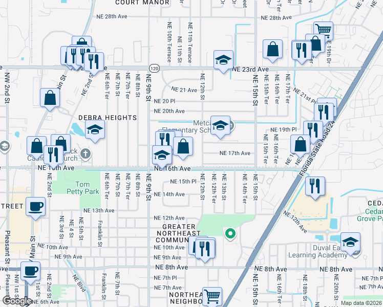 map of restaurants, bars, coffee shops, grocery stores, and more near 1130 Northeast 16th Avenue in Gainesville