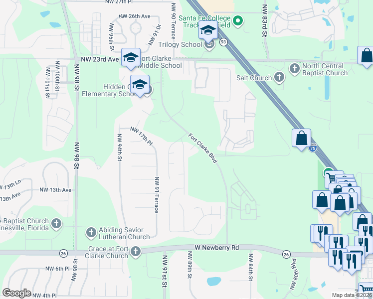 map of restaurants, bars, coffee shops, grocery stores, and more near 1521 Northwest 89th Terrace in Gainesville