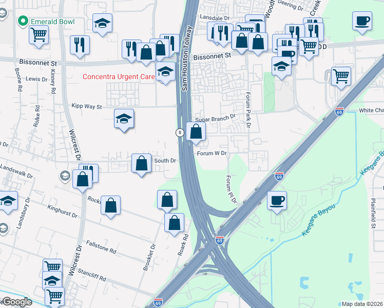 map of restaurants, bars, coffee shops, grocery stores, and more near South Sam Houston Pkwy W & Forum W Dr in Houston