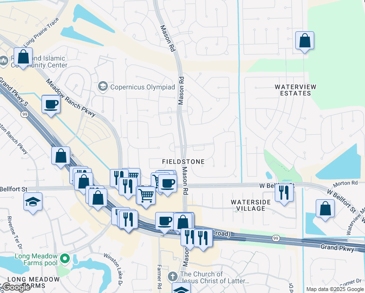map of restaurants, bars, coffee shops, grocery stores, and more near South Mason Road in Richmond