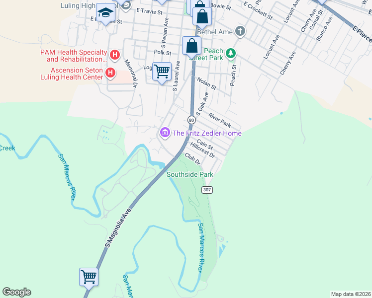 map of restaurants, bars, coffee shops, grocery stores, and more near 121 Club Drive in Luling