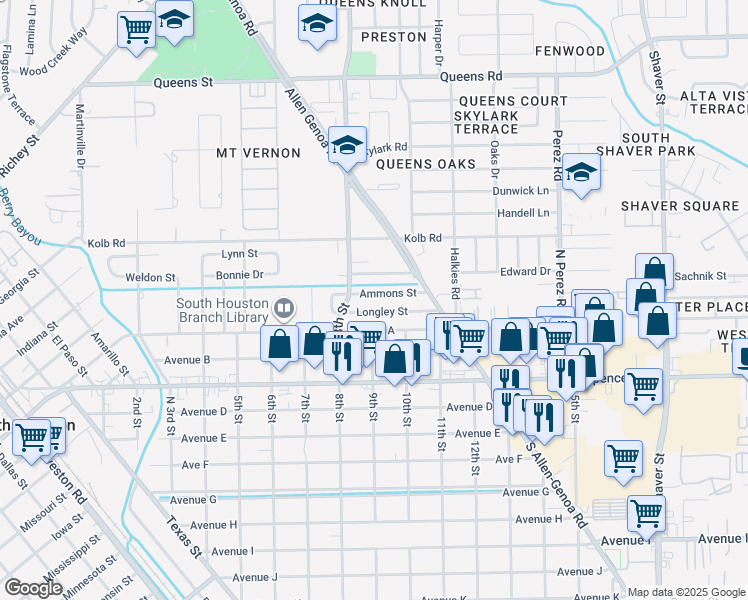 map of restaurants, bars, coffee shops, grocery stores, and more near 908 Longley Street in South Houston