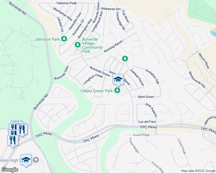 map of restaurants, bars, coffee shops, grocery stores, and more near 24230 Saffron Plum in San Antonio
