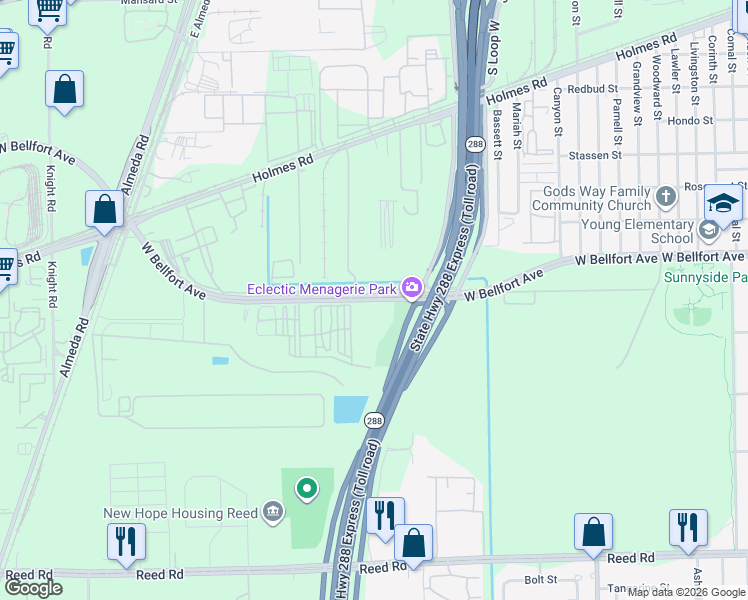 map of restaurants, bars, coffee shops, grocery stores, and more near 2744 West Bellfort Street in Houston