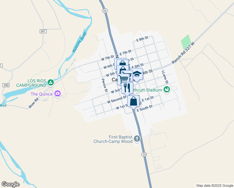 map of restaurants, bars, coffee shops, grocery stores, and more near 204 Pecos Street in Camp Wood