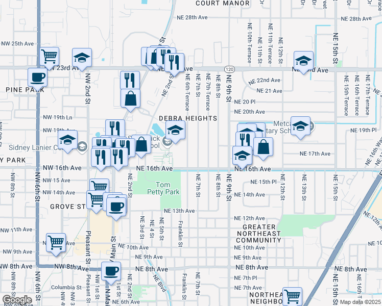 map of restaurants, bars, coffee shops, grocery stores, and more near 1715 Northeast 6th Terrace in Gainesville