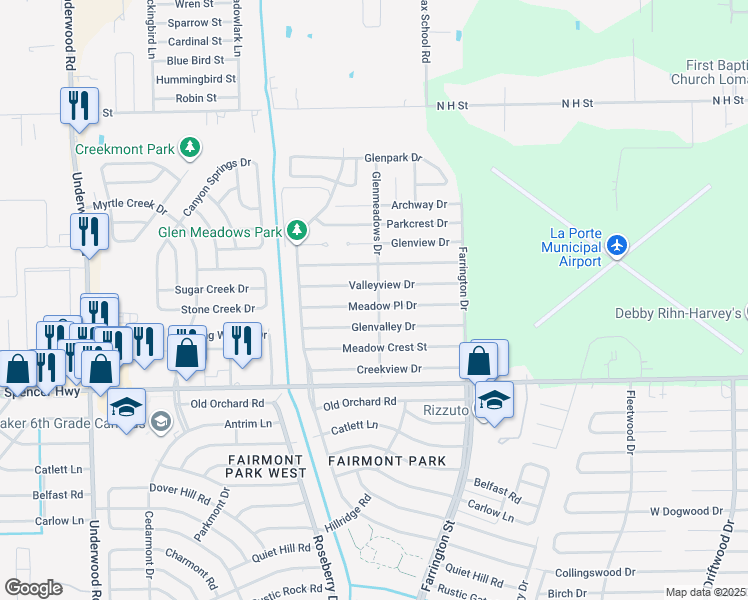 map of restaurants, bars, coffee shops, grocery stores, and more near 5034 Glenvalley Drive in La Porte