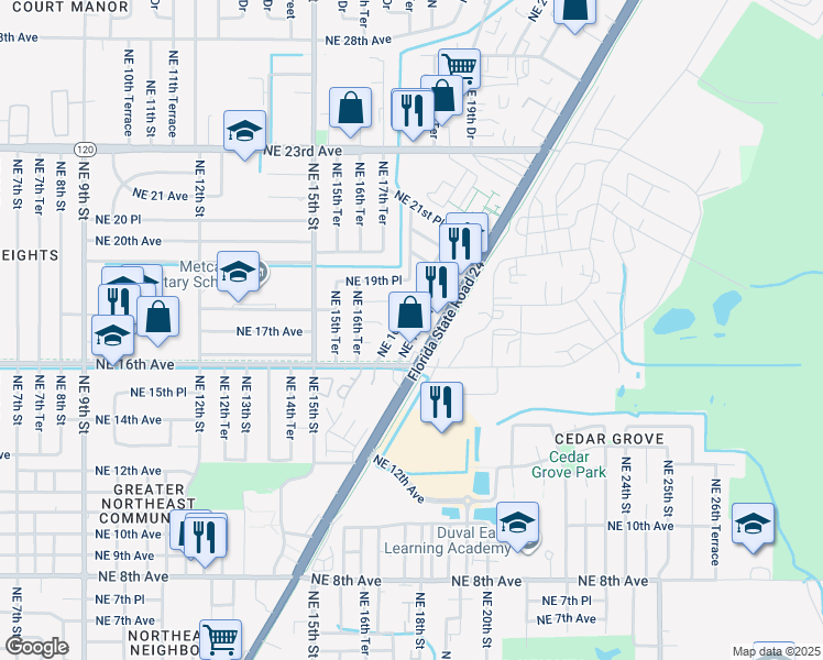 map of restaurants, bars, coffee shops, grocery stores, and more near 1602 Northeast Waldo Road in Gainesville