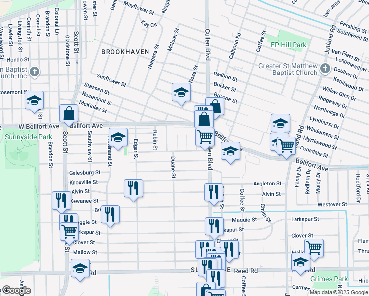 map of restaurants, bars, coffee shops, grocery stores, and more near 4607 Davenport Street in Houston