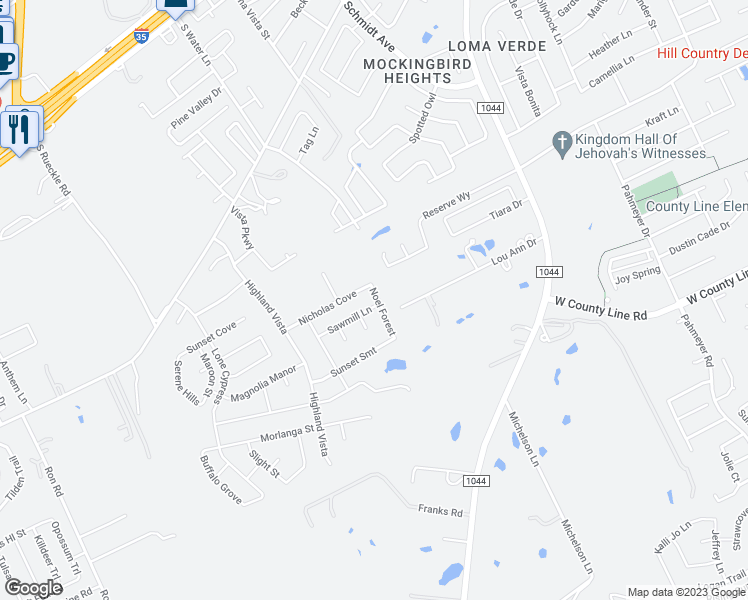 map of restaurants, bars, coffee shops, grocery stores, and more near 2906 Sawmill Lane in New Braunfels