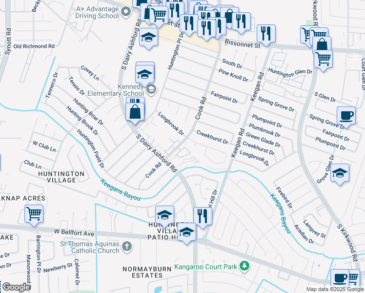 map of restaurants, bars, coffee shops, grocery stores, and more near 10322 Panther Point Drive in Houston
