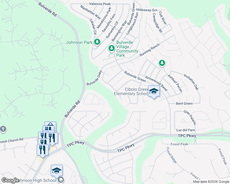 map of restaurants, bars, coffee shops, grocery stores, and more near 24003 Wimberly Oaks in San Antonio