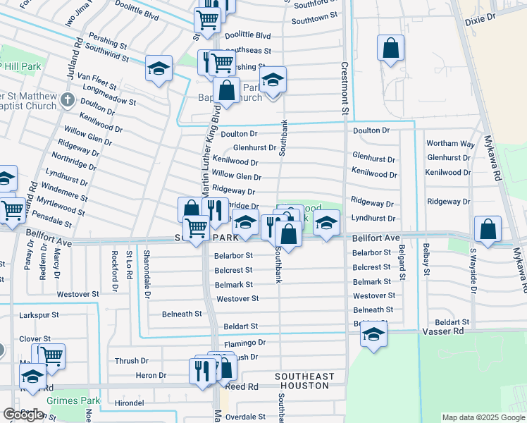 map of restaurants, bars, coffee shops, grocery stores, and more near 5826 Northridge Drive in Houston