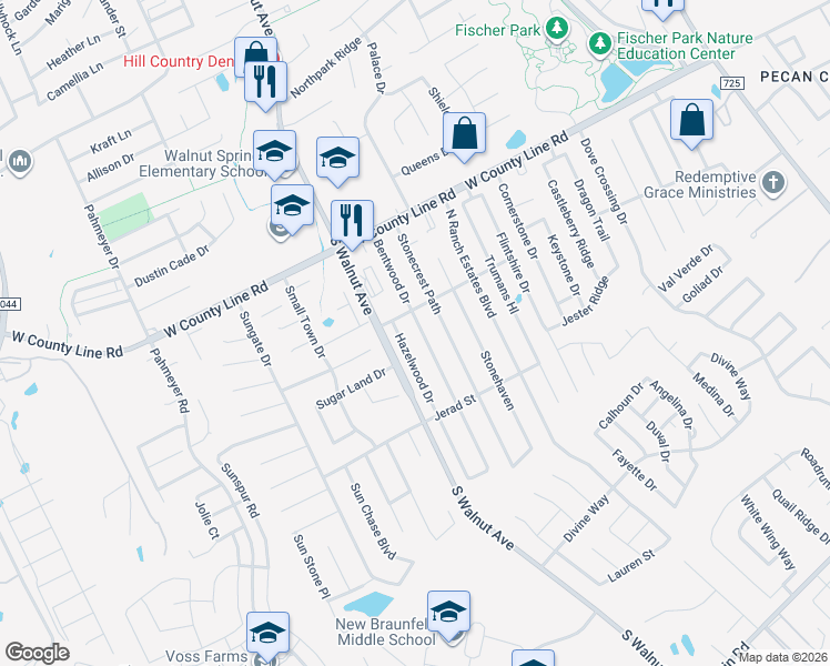 map of restaurants, bars, coffee shops, grocery stores, and more near 2107 Bentwood Drive in New Braunfels