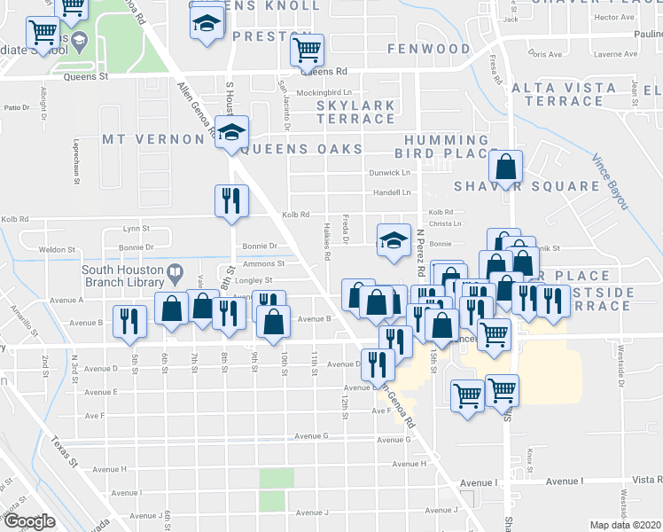 map of restaurants, bars, coffee shops, grocery stores, and more near 308 Halkies Road in South Houston
