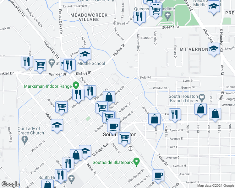 map of restaurants, bars, coffee shops, grocery stores, and more near 302 Kentucky Street in South Houston