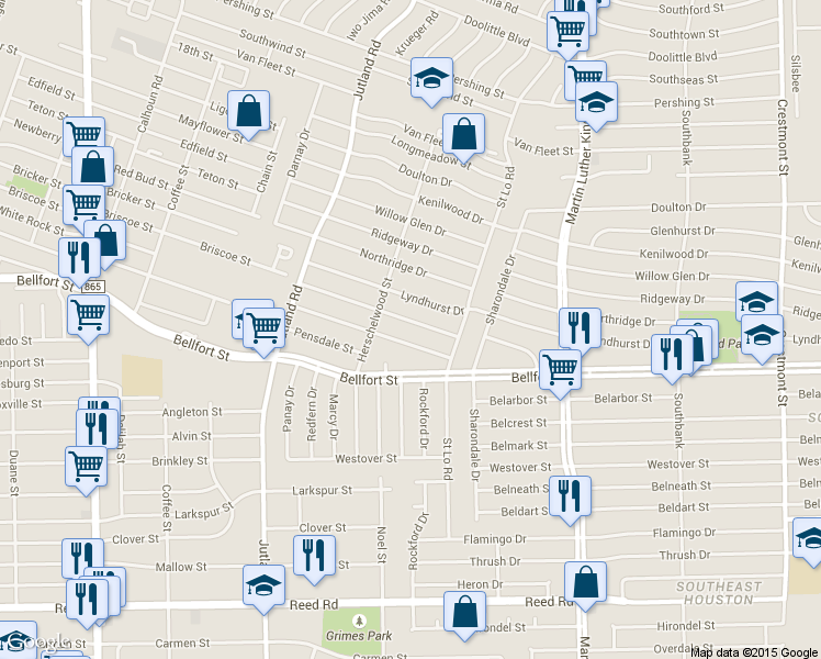 map of restaurants, bars, coffee shops, grocery stores, and more near 5330 Lyndhurst Drive in Houston