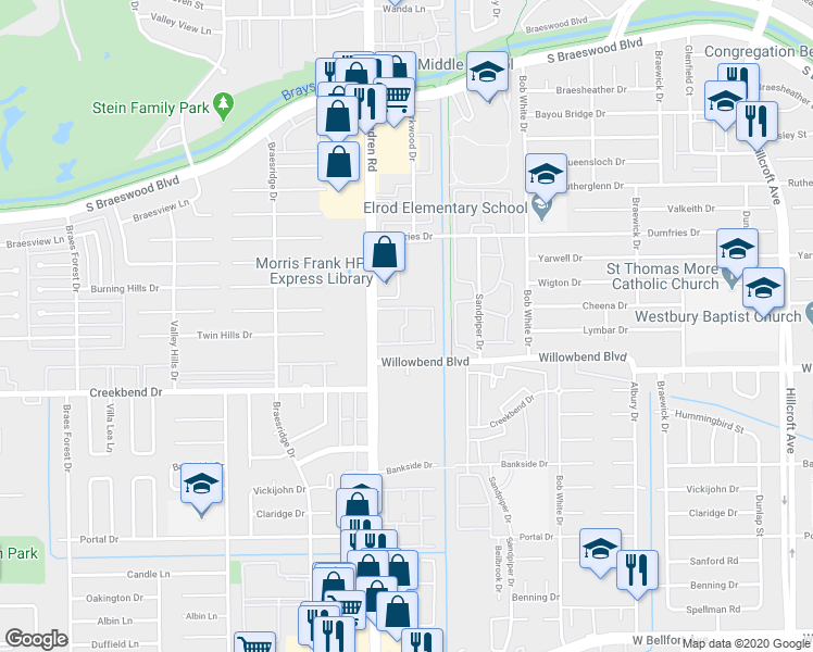 map of restaurants, bars, coffee shops, grocery stores, and more near 6535 Dumfries Drive in Houston