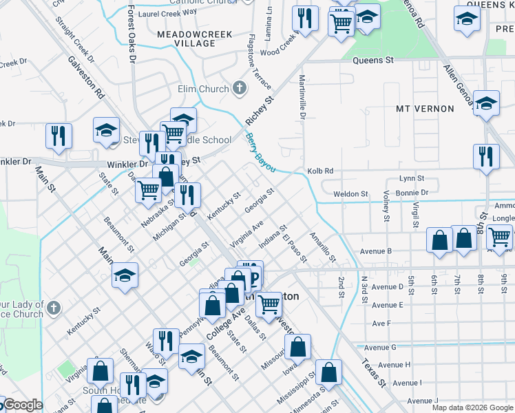 map of restaurants, bars, coffee shops, grocery stores, and more near 302 Kentucky Street in South Houston