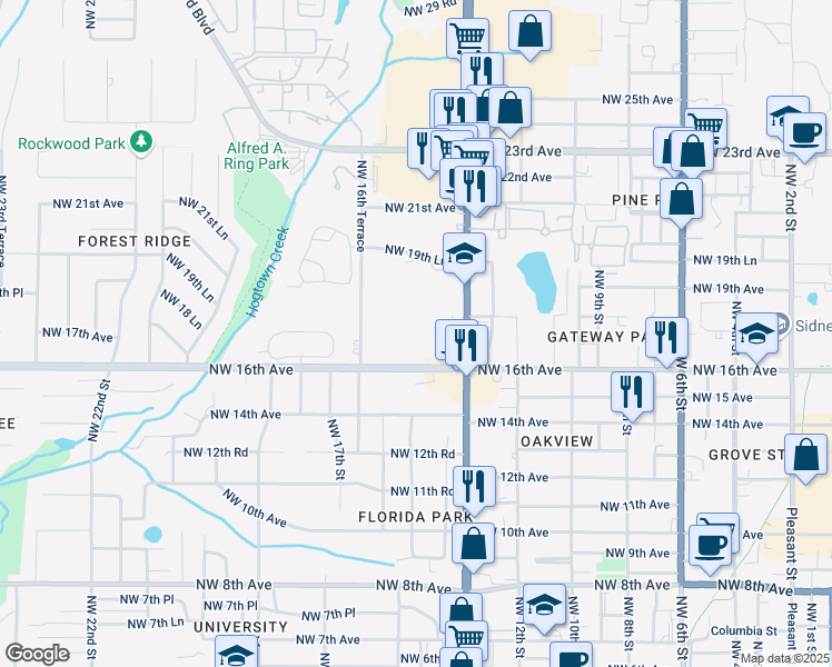map of restaurants, bars, coffee shops, grocery stores, and more near 1324 NW 16th Ave in Gainesville