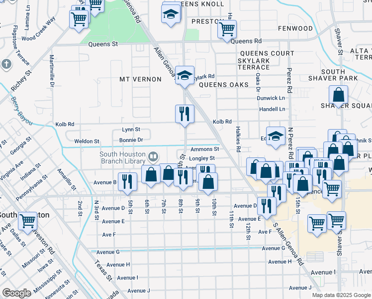 map of restaurants, bars, coffee shops, grocery stores, and more near 801 Ammons Street in South Houston