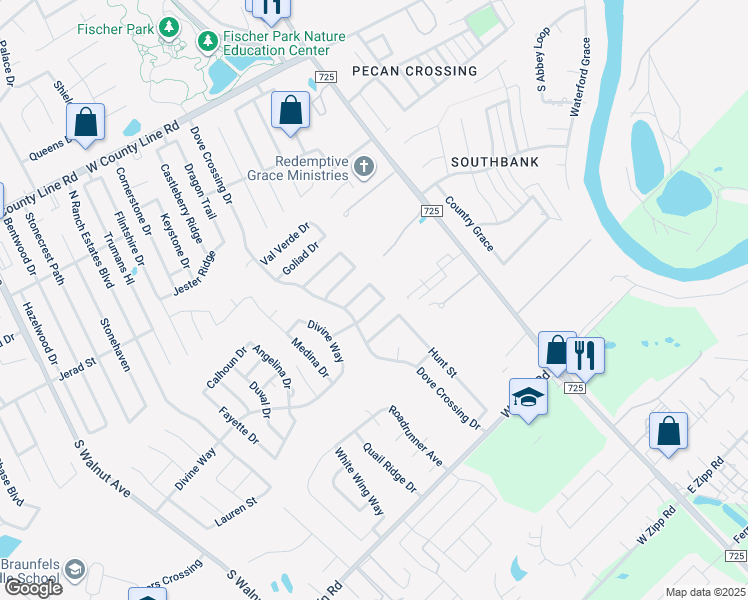map of restaurants, bars, coffee shops, grocery stores, and more near 224 Eagle Pass Drive in New Braunfels