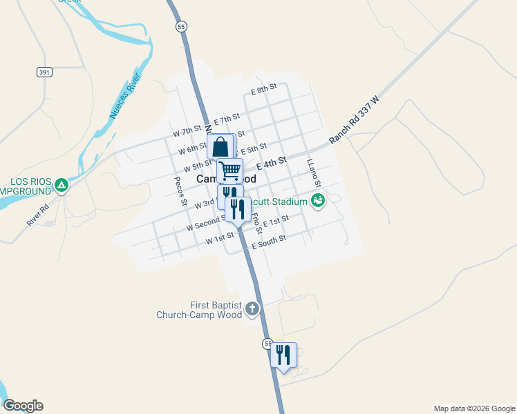 map of restaurants, bars, coffee shops, grocery stores, and more near 423 Frio Street in Camp Wood