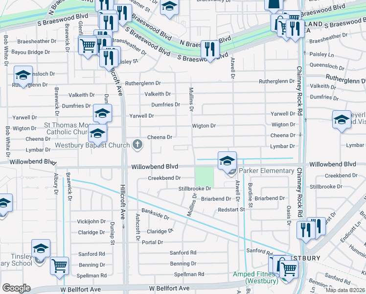 map of restaurants, bars, coffee shops, grocery stores, and more near 5711 Cheena Drive in Houston