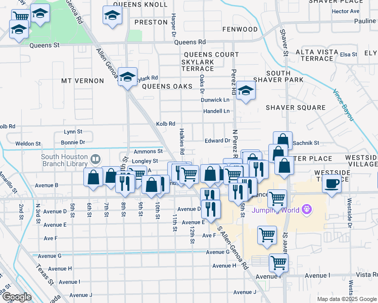map of restaurants, bars, coffee shops, grocery stores, and more near 308 Halkies Road in South Houston