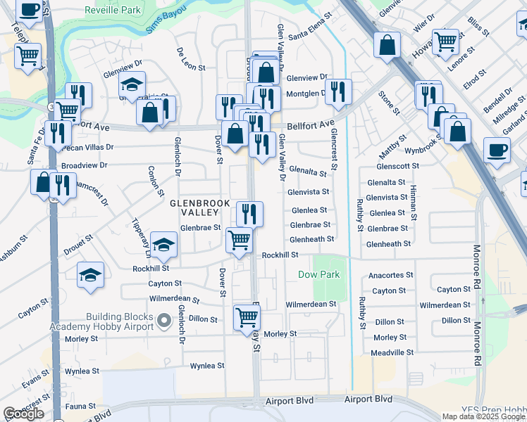 map of restaurants, bars, coffee shops, grocery stores, and more near 8405 Broadway Street in Houston