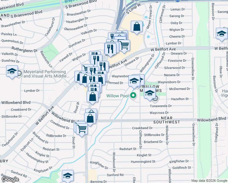 map of restaurants, bars, coffee shops, grocery stores, and more near 4834 Knickerbocker Street in Houston