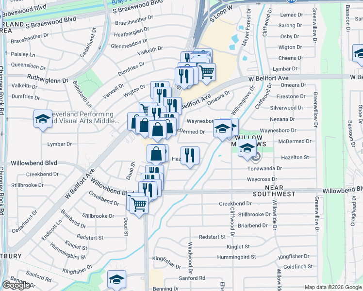 map of restaurants, bars, coffee shops, grocery stores, and more near 10410 Willowisp Drive in Houston
