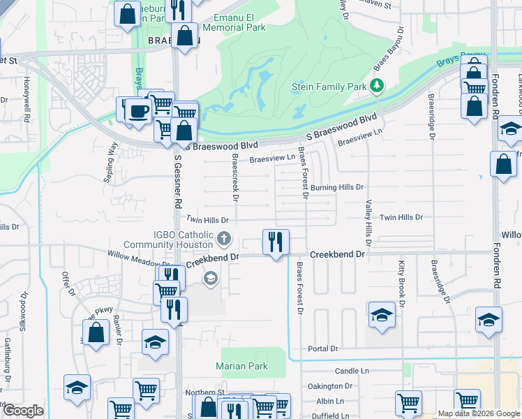 map of restaurants, bars, coffee shops, grocery stores, and more near 8214 Braes Meadow Drive in Houston