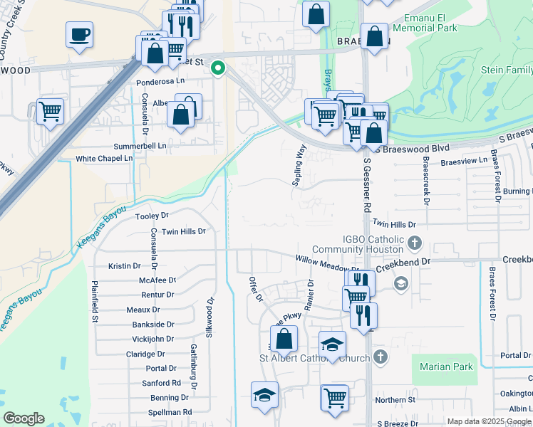 map of restaurants, bars, coffee shops, grocery stores, and more near 8801 Gustine Lane in Houston