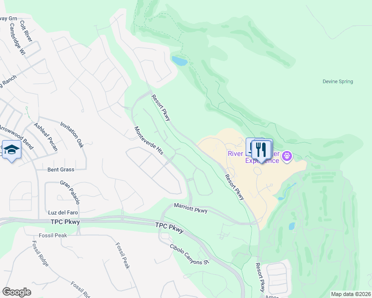 map of restaurants, bars, coffee shops, grocery stores, and more near 172 Resort Parkway in San Antonio