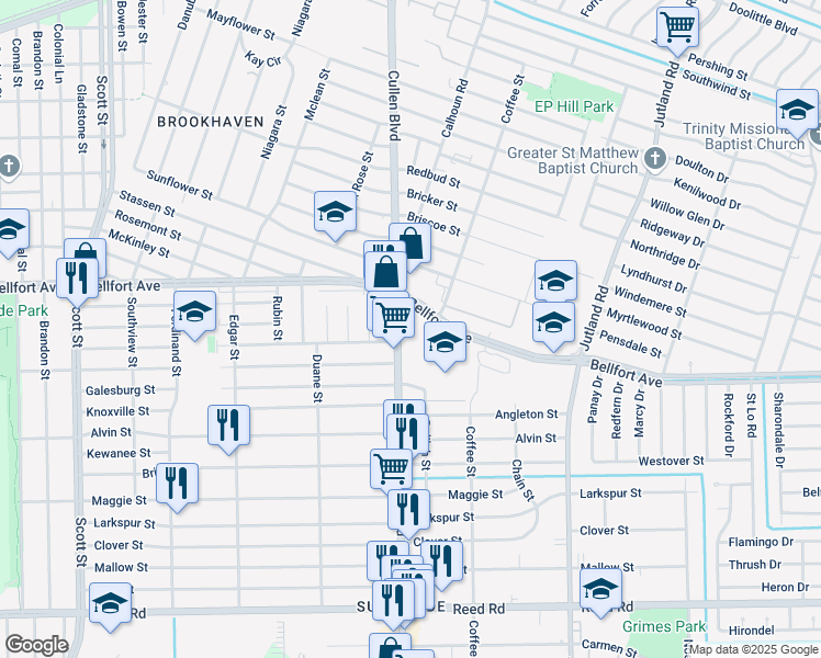 map of restaurants, bars, coffee shops, grocery stores, and more near in Houston