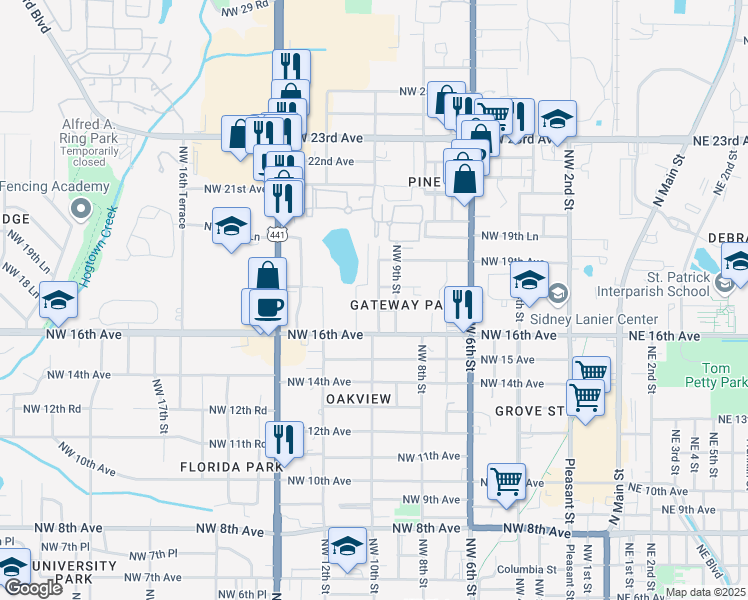 map of restaurants, bars, coffee shops, grocery stores, and more near 1712 Northwest 10th Street in Gainesville